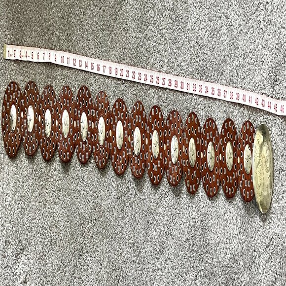 Moroccan Brown leather belt with engraved metal discs, silver toned grommets and - Picture 2 of 3